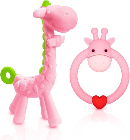 SHARE&CARE BPA Free Silicone Giraffe Baby Teether Toy with Storage Case, for 3 Months Above Infant Sore Gums Pain Relief and Baby Shower, Baby Teething Toys (Pink) in Kuwait