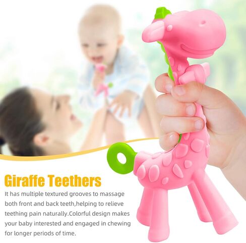 SHARE&CARE BPA Free Silicone Giraffe Baby Teether Toy with Storage Case, for 3 Months Above Infant Sore Gums Pain Relief and Baby Shower, Baby Teething Toys (Pink) in Kuwait
