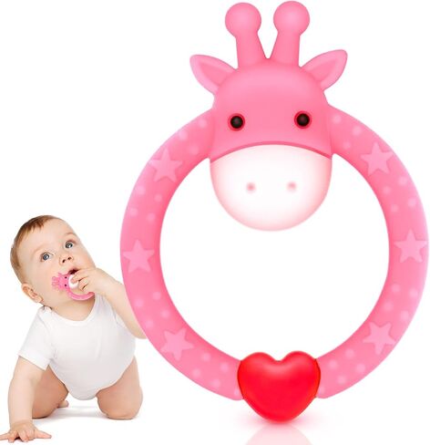 SHARE&CARE BPA Free Silicone Giraffe Baby Teether Toy with Storage Case, for 3 Months Above Infant Sore Gums Pain Relief and Baby Shower, Baby Teething Toys (Pink) in Kuwait