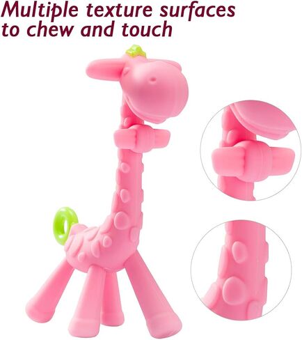 SHARE&CARE BPA Free Silicone Giraffe Baby Teether Toy with Storage Case, for 3 Months Above Infant Sore Gums Pain Relief and Baby Shower, Baby Teething Toys (Pink) in Kuwait