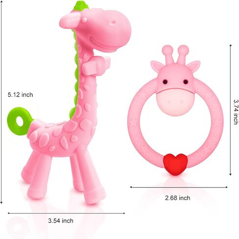 SHARE&CARE BPA Free Silicone Giraffe Baby Teether Toy with Storage Case, for 3 Months Above Infant Sore Gums Pain Relief and Baby Shower, Baby Teething Toys (Pink) in Kuwait