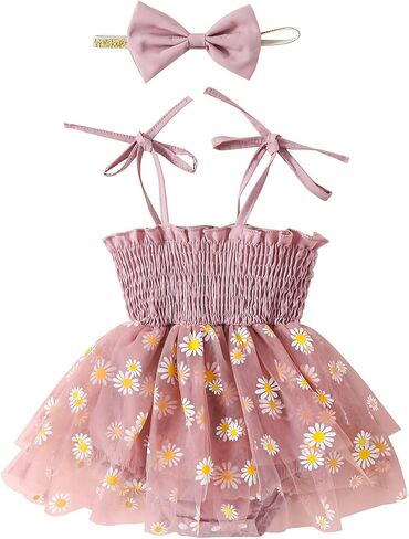 FYBITBO Newborn Baby Girl Summer Romper Dress Daisy Sleeveless Strap Rompers Tulle Bodysuit Jumpsuit with Headband Set in Saudi Arabia