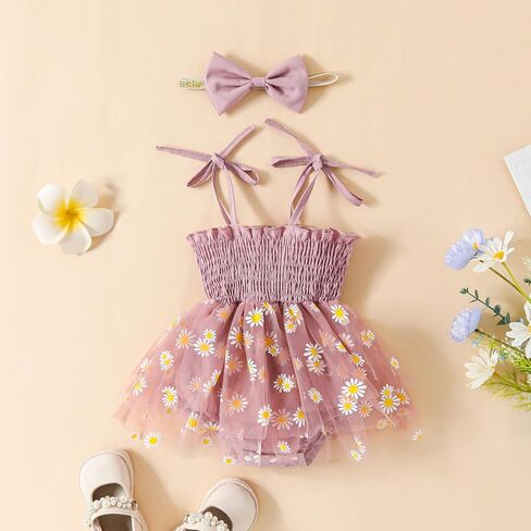 FYBITBO Newborn Baby Girl Summer Romper Dress Daisy Sleeveless Strap Rompers Tulle Bodysuit Jumpsuit with Headband Set in Saudi Arabia