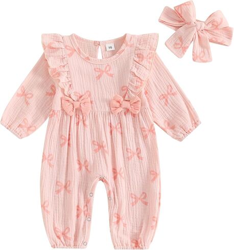 Newborn Baby Girl Fall Romper Puff Sleeve Floral Print Bowknot Ruffle Cotton Linen Jumpsuit with Headband 0 3 6 12 18 Months in Kuwait