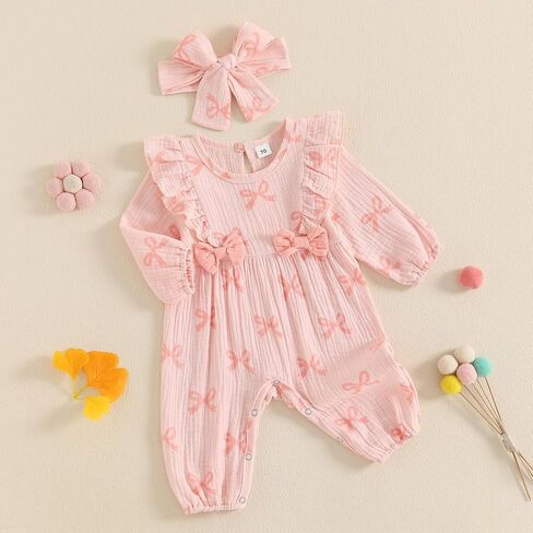 Newborn Baby Girl Fall Romper Puff Sleeve Floral Print Bowknot Ruffle Cotton Linen Jumpsuit with Headband 0 3 6 12 18 Months in Kuwait