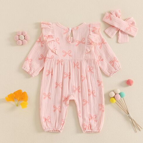 Newborn Baby Girl Fall Romper Puff Sleeve Floral Print Bowknot Ruffle Cotton Linen Jumpsuit with Headband 0 3 6 12 18 Months in Kuwait