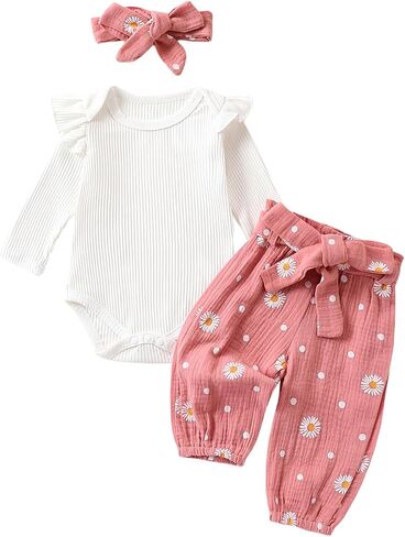 Baby Girl Fall Clothes Set Long Sleeve Crewneck Floral Print Romper Top Pants Cute Newborn Outfit 3 6 12 18 24 Months in Saudi Arabia