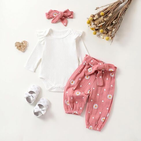 Baby Girl Fall Clothes Set Long Sleeve Crewneck Floral Print Romper Top Pants Cute Newborn Outfit 3 6 12 18 24 Months in Saudi Arabia