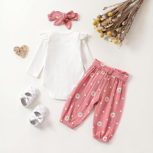 Baby Girl Fall Clothes Set Long Sleeve Crewneck Floral Print Romper Top Pants Cute Newborn Outfit 3 6 12 18 24 Months in Saudi Arabia