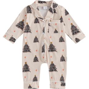 Baby Boy Girl Pajamas Romper One-Piece Jumpsuit Long Sleeve Lapel Button Down Sleeper Infant Sleepwear Pjs Nightwear