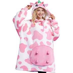 سترة بغطاء رأس قابلة للارتداء من Giggling Getup Strawberry Cow - بطانية بغطاء للرأس من صوف الشيربا الناعم كبيرة الحجم - هدايا سترة دافئة من الفلانيل المخملي - مع جيب وأكمام عملاقة للأطفال البنات in Kuwait