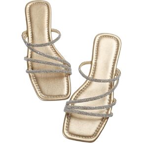 OYOANGLE Women's Rhinestone Flat Sandals Strappy Slip on Open Toe Slide Sandals Squared Slippers