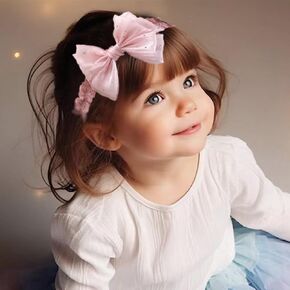 Lace Bow Baby Girl Headband Cute Gauze Bow-Knot Hair Band Elastic Turban Head Wrap Soft Lace Rhinestone Crystal Hair Accessory for Newborn Infants Toddler (Red, Standard size)