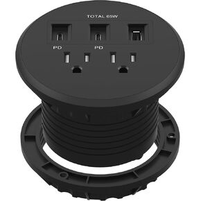 LIDER PD 65W GaN Technology Desk Grommet, Power Delivery, USB-A and 2 USB-C Ports, Tamper-Resistant Receptacles, Self-Close Cover, Desk Charging Station, White, 6.5ft Cord, ETL Listed