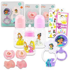 Disney Princess Baby Gift Set, Baby Shower Gifts Girls Neutral - 8 Pc Newborn Essentials Bundle with Rattle, Bottle, Pacifier, Scrapbook Stickers, More