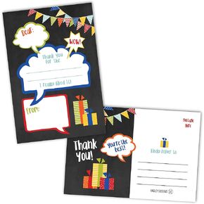 Hadley Designs 25 Chalkboard Kids Thank You Cards, Fill In Thank You Notes For Kid, Blank Personalized Thank Yous For Birthday Gifts, Stationery For Children Boys and Girls