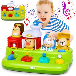 Interactive Pop Up Farm Animal Toys with Music Animal Sounds Montessori Cause And Effect Toys for Baby Boy Girl Toys Early Educational Learning Musical Baby Toys Infant STEM Toy Birthday Gift Babies