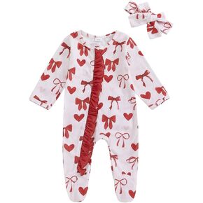 Eadrioss Valentines Baby Girl Outfit Waffle Heart Ruffle Romper Footies Jumpsuit Newborn Infant Girl Valentines Day Clothes