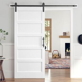 32x84 Inch White Sliding Barn Door Slab with 5.5ft Hardware Kit Included, 5-Panel, MDF Wood Panel Covered with Water-Proof Scratch-Proof PVC Surface, Simple DIY Assembly