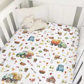 Spring Farm Life Baby Crib Sheet 52''x28'' Watercolor Farmhouse Barn Car Truck Rooster Floral Snug Fitted Crib Mattress Sheet for Boy Girl Soft Nursery Bed Sheets for Standard Crib Toddler Mattresses