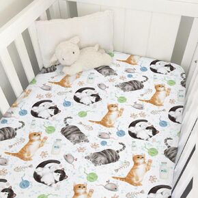 Watercolor Cats Boho Leaves Flowers Baby Crib Sheets 52''x28'' Cute Cats Tropical Plants Stretchy Fitted Crib Mattress Cover for Boy Girl Soft Nursery Bed Sheets for Standard Crib and Toddler Mattress