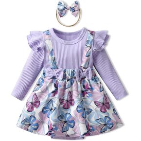 KuKitty Newborn Infant Baby Girl Clothes Ribbed Long-sleeve Faux-two Floral Print Romper Jumpsuit Dress with Headband