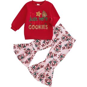 Toddler Girl Christmas Outfit Long Sleeve Letter Embroidery Crewneck Sweatshirt Flared Pants Headband Set 6M-4T