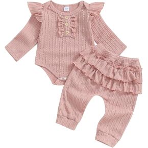 ZAXARRA Baby Girl Fall Clothes Baby Girl Sweatshirt Romper Ruffle Pants 2pcs Infant Girl Knitted Festival Outfits