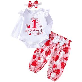 Newborn Infant Baby Girl My First Valentines Day Outfit long Sleeve Onesie Romper love Heart Print Pants And Headband