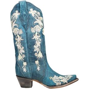 Corral Boots Womens Studded Floral Snip Toe Casual Boots Mid Calf Low Heel 1-2" - Blue