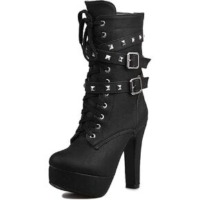 ForeMode Women's Goth Leather Block Heel Ankle Boots Fashion Studded Ankle Strap Trim Punk Boots