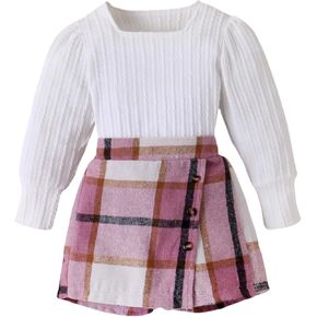 Noubeau Toddler Girl Skirt Set 2Pcs Outfits Square Neck Puff Sleeve Tops Plaid Skirt Shorts Girls Fall Winter Clothes 1-6T