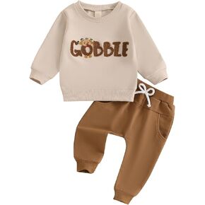 KMBANGI Toddler Baby Boy Thanksgiving Outfits Gobble Long Sleeve Sweatshirt Turkey Pullovers Top Jogger Pants Fall Winter