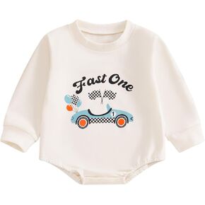 KMBANGI First Birthday Baby Boy Girl Clothes Fast One Race Car Romper Bubble Sweatshirt Top 1st Birthday Cake Smash Outfit