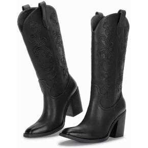 wetkiss Mid Calf Cowgirl Boots Women, Chunky Heel Western Boots, Embroidered Square Toe Cowboy Boots for Women
