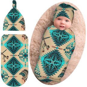 Western Baby Stuff Native Aztec Navajo Newborn Swaddle Blanket Baby American slepp Sack Soft Silky Wrap Blanket with Beanie Hat for Boys Girls Gifts Infant