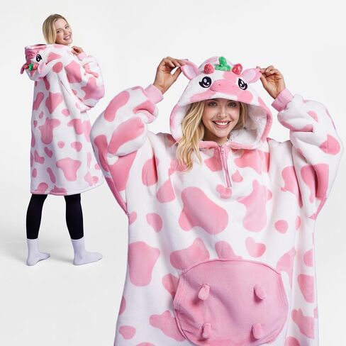 Giggling Getup Strawberry Cow Wearable Blanket Hoodie - Oversized Soft Sherpa Fleece Hooded Blanket - Warm Cozy Plush Flannel Blanket Sweatshirt Gifts - with Giant Pocket and Sleeves for Kids Girls in Kuwait