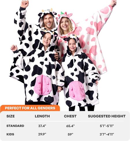 Giggling Getup Strawberry Cow Wearable Blanket Hoodie - Oversized Soft Sherpa Fleece Hooded Blanket - Warm Cozy Plush Flannel Blanket Sweatshirt Gifts - with Giant Pocket and Sleeves for Kids Girls in Kuwait