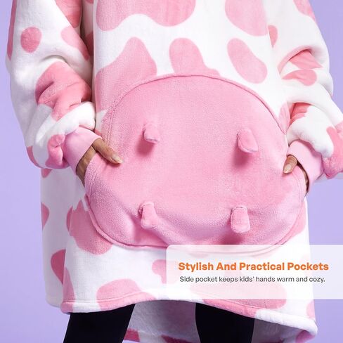 Giggling Getup Strawberry Cow Wearable Blanket Hoodie - Oversized Soft Sherpa Fleece Hooded Blanket - Warm Cozy Plush Flannel Blanket Sweatshirt Gifts - with Giant Pocket and Sleeves for Kids Girls in Kuwait