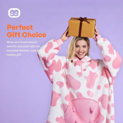 Giggling Getup Strawberry Cow Wearable Blanket Hoodie - Oversized Soft Sherpa Fleece Hooded Blanket - Warm Cozy Plush Flannel Blanket Sweatshirt Gifts - with Giant Pocket and Sleeves for Kids Girls in Kuwait