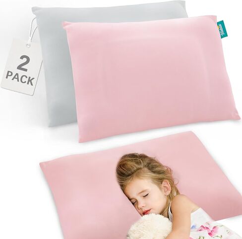 Toddler Pillow 2 Pack with Pillowcase (13 x 18), Cotton Kid Pillow for Sleeping, Machine Washable Soft Travel Pillow, Toddler Use Only, Age 2 to 5 (Gray&Pink) in Saudi Arabia