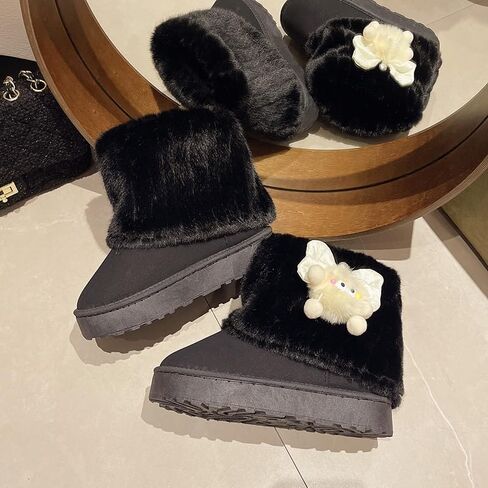 Cute Platform Boots Women's Snow Boots Chunky Winter Shoes Aesthetic Bow Pearl Thick Sole Kawaii Fuzzy Plush Fluffy in Kuwait