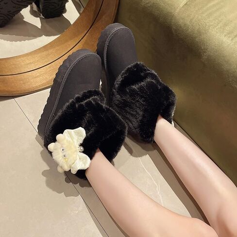 Cute Platform Boots Women's Snow Boots Chunky Winter Shoes Aesthetic Bow Pearl Thick Sole Kawaii Fuzzy Plush Fluffy in Kuwait