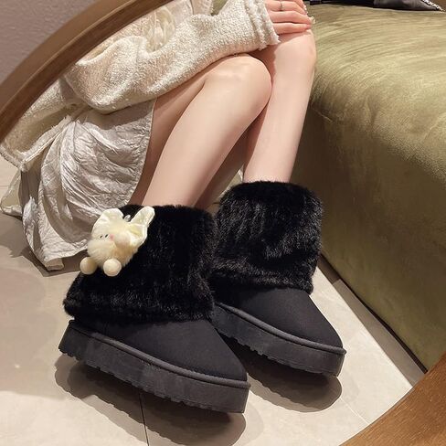 Cute Platform Boots Women's Snow Boots Chunky Winter Shoes Aesthetic Bow Pearl Thick Sole Kawaii Fuzzy Plush Fluffy in Kuwait