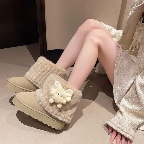 Cute Platform Boots Women's Snow Boots Chunky Winter Shoes Aesthetic Bow Pearl Thick Sole Kawaii Fuzzy Plush Fluffy in Kuwait