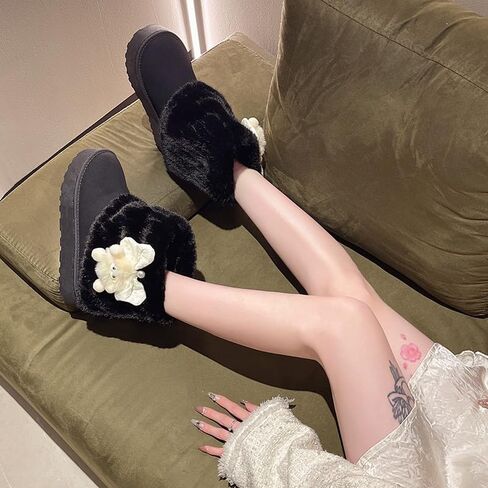 Cute Platform Boots Women's Snow Boots Chunky Winter Shoes Aesthetic Bow Pearl Thick Sole Kawaii Fuzzy Plush Fluffy in Kuwait