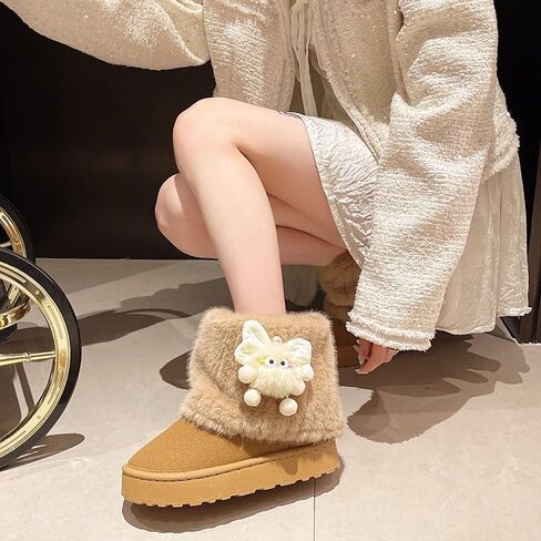 Cute Platform Boots Women's Snow Boots Chunky Winter Shoes Aesthetic Bow Pearl Thick Sole Kawaii Fuzzy Plush Fluffy in Kuwait