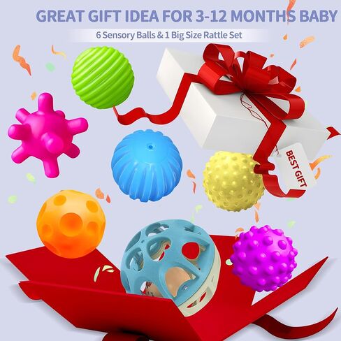 Sensory Toys for Babies, Montessori Textured Baby Balls and Wheat Straw Rattle, Baby Toys for 6-12 Months, Ideal Newborn Gifts for Boys and Girls, Toddler Toys for 1-3 in Saudi Arabia