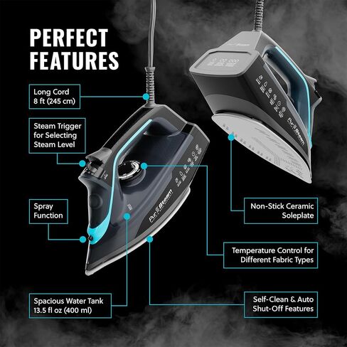 Professional Grade 1700W Steam Iron for Clothes with Rapid Even Heat Scratch Resistant Stainless Steel Sole Plate, True Position Axial Aligned Steam Holes, Self-Cleaning Function in Saudi Arabia