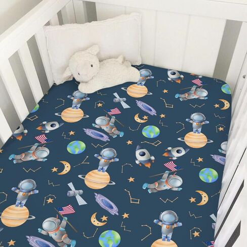 Cartoon Outer Space Galaxy Ship Astronaut Baby Crib Sheets 52''x28'' Cute Spaceman Moon Stars Stretchy Fitted Crib Mattress Sheet for Boy Girl Soft Bed Sheets for Standard Crib and Toddler Mattress in Saudi Arabia